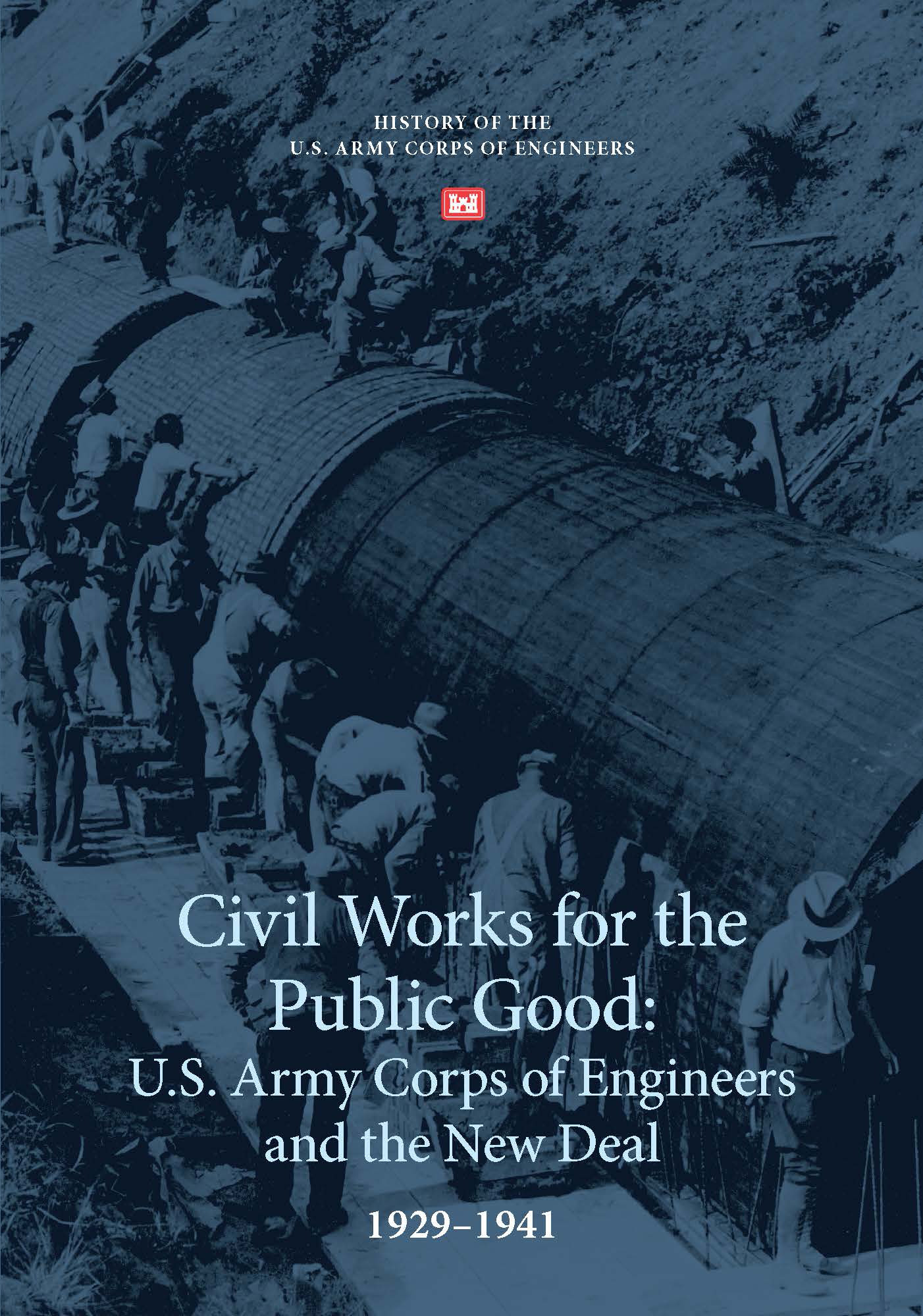 Book cover with photo of men working in spillway and the book title
